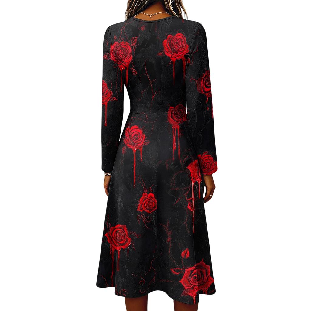Women's Casual Halloween Print Long Sleeve V-Neck Dress with Pockets