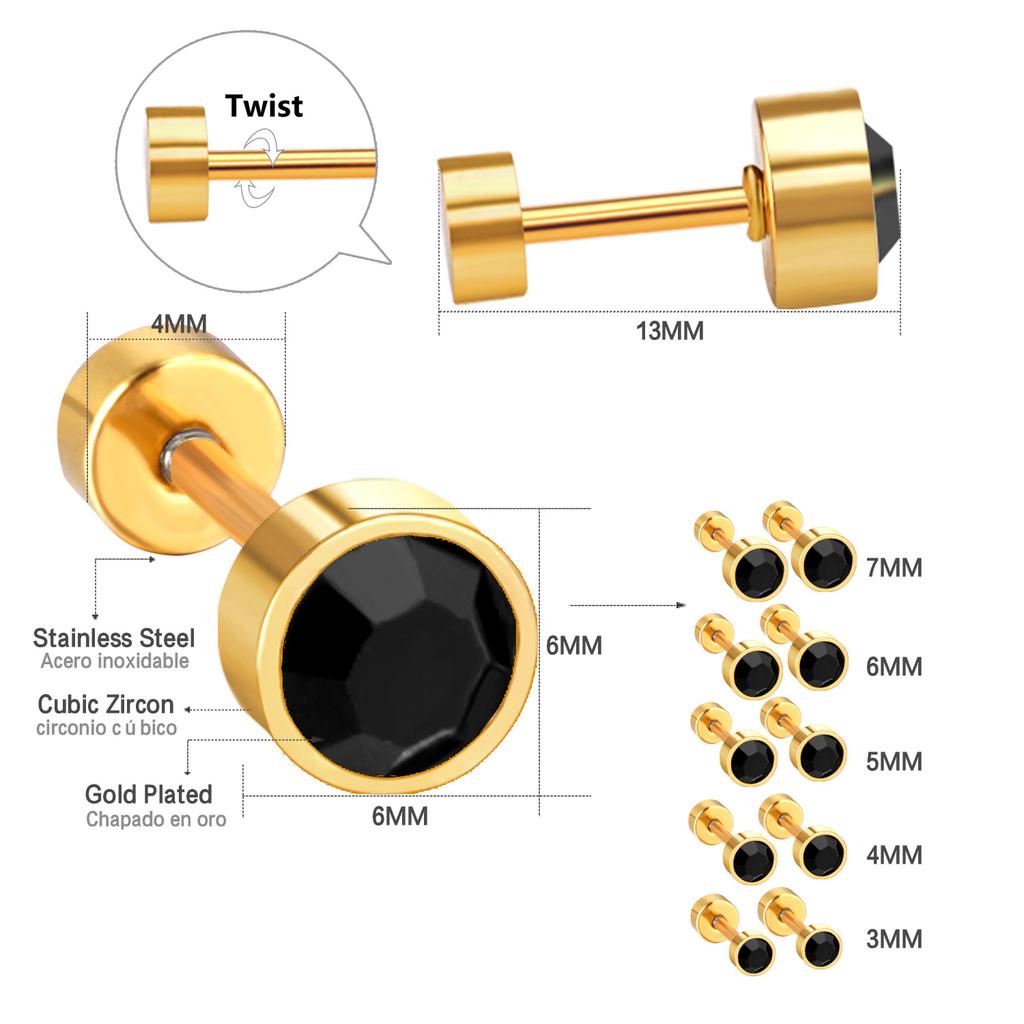 LUXUSTEEL 3mm-7mm Schwarz Weiß Zirkonia Zirkon Stecker Ohrringe Für Damen Herren Kristall Schraube Edelstahl Schmuck Kein Verblassen Allergiefrei