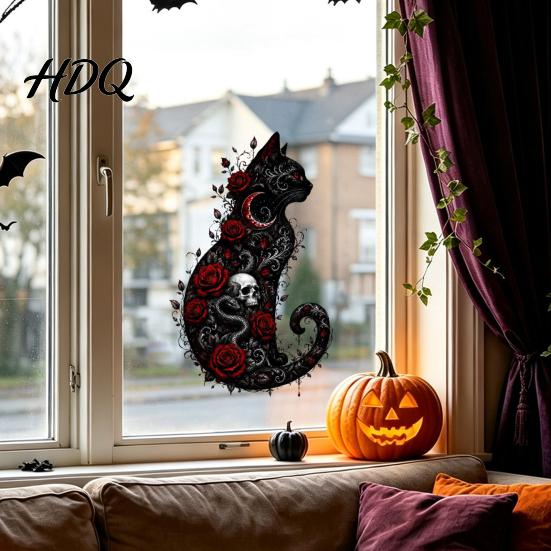 Reusable Festival Decor Halloween Static Window Clings Skeleton Witch Pumpkin Bat Silhouette Glass Stickers Outdoor Murals Removable Decals