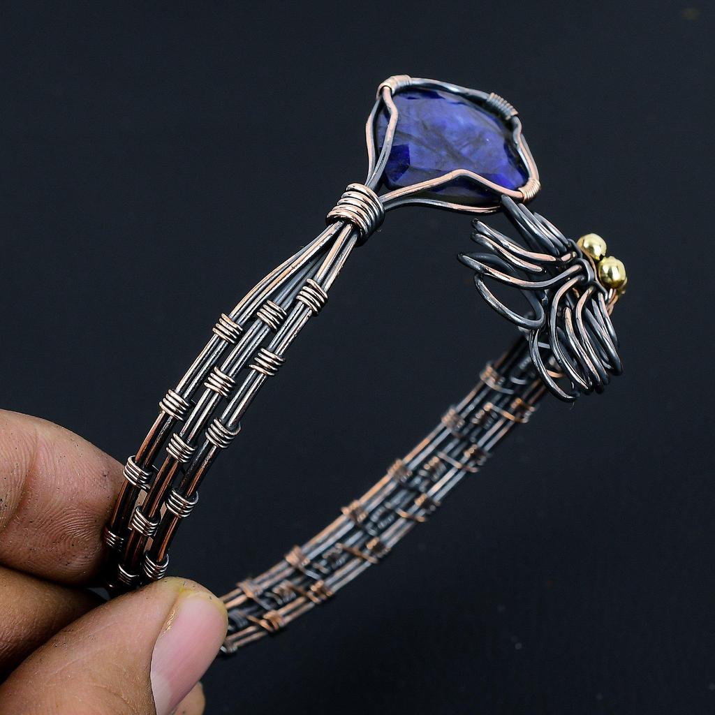 Blue Sapphire Bangle, Handmade Gemstone Bangle, 999 Copper Wire Wrapped Antique Jewelry, For Engagement Gift