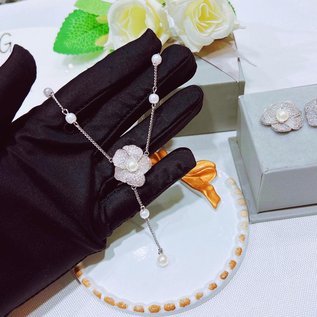 Full Diamond Pearl Camellia Set, French Premium Light Luxury Flower Ring, Earrings, Bracelet, Necklace