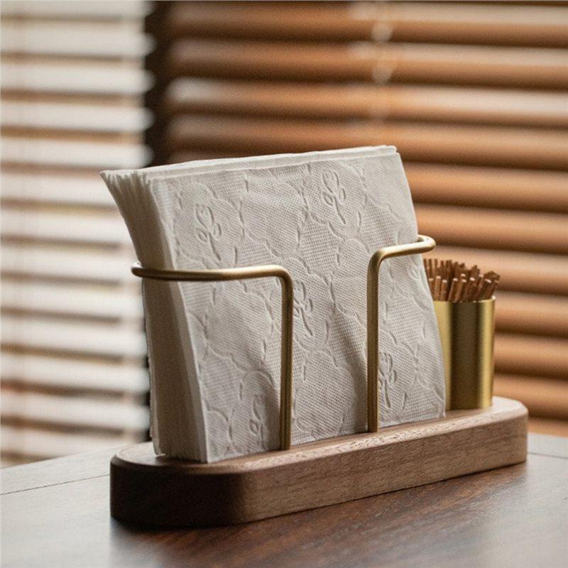 Tableware Wooden Tissue Paper Holder Metal Toothpick Holder Napkin Holder Tissue Box Storage Desktop Organizer