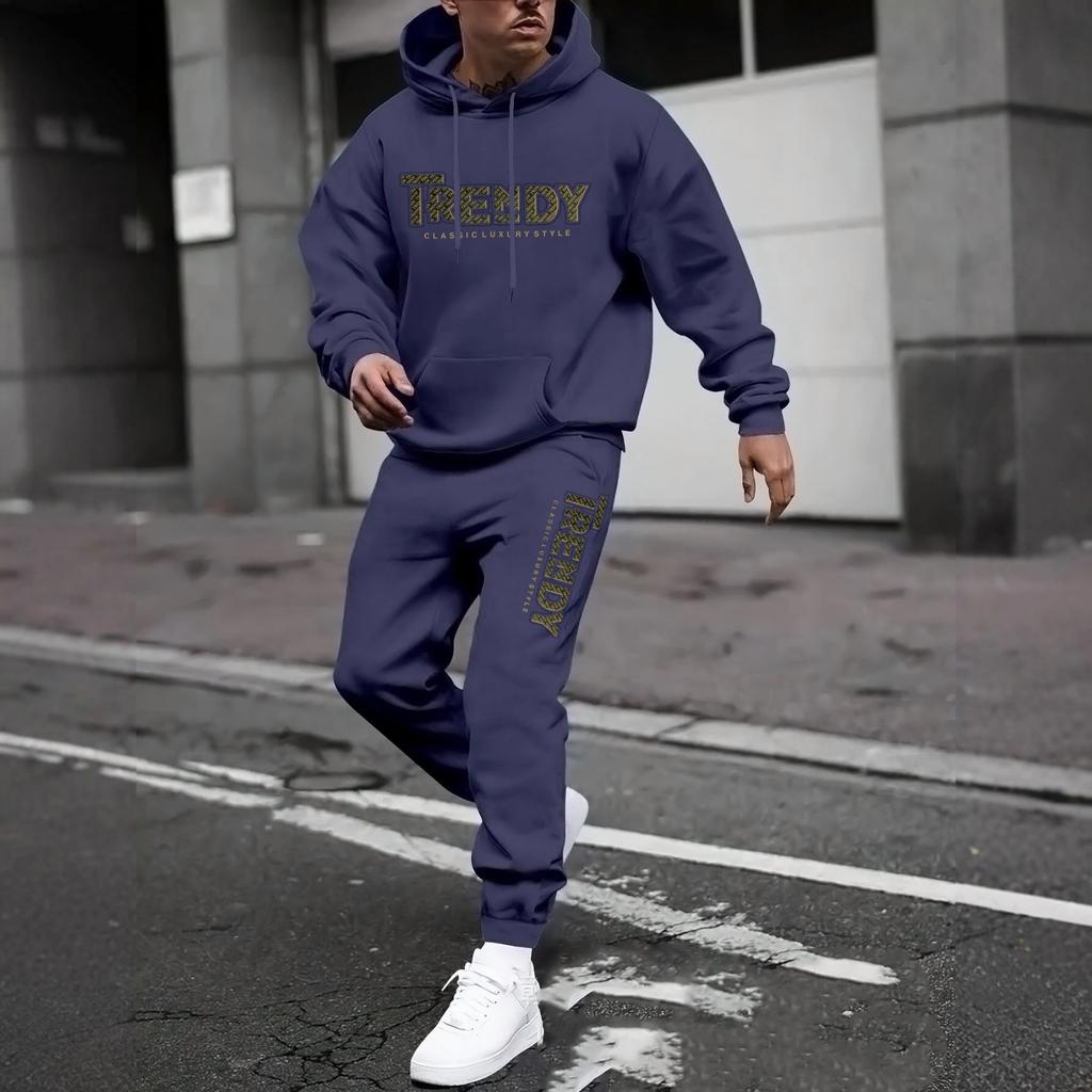 Men's Casual Solid Color Letter-printed Sweatshirt Set, Men's Fleece Hooded Drawstring Sweatshirt And Sweatpants Two-piece Set