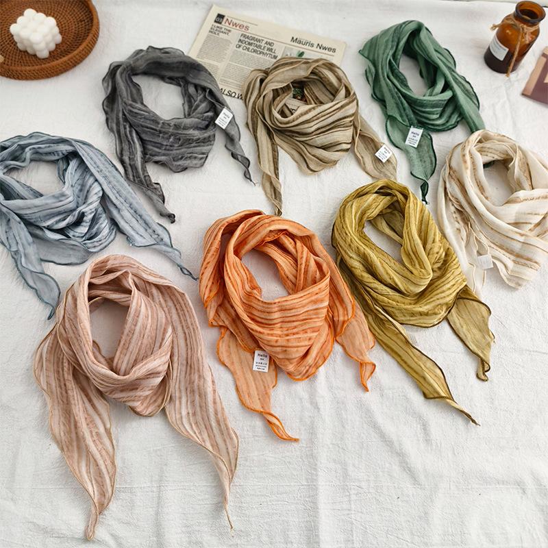 Baumwolle und Leinen Weicher Batikgestreifter Diamantförmiger Schal für Damen im Sommer, Dünner und farbenfroher Nackenschutzschal Stirnband