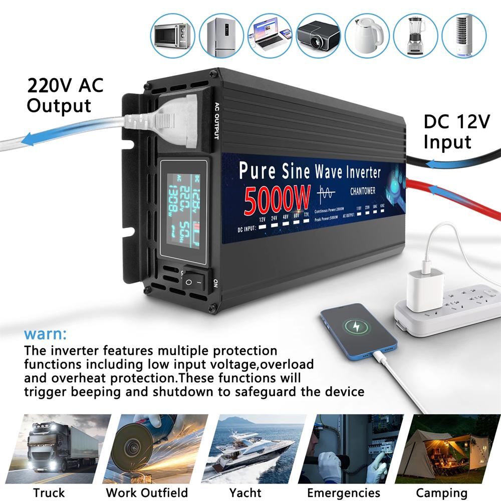 Pure Sine Wave Inverter DC 12V/24V/48V/60V/72V To AC 220V/110V 1000W 2000W 3000W 4000W 5000W Power Converter Car Solar Inverter