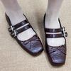 Cowhide version~ New retro ballet flat shoes bow thick heel college style Mary Jane small leather shoes women