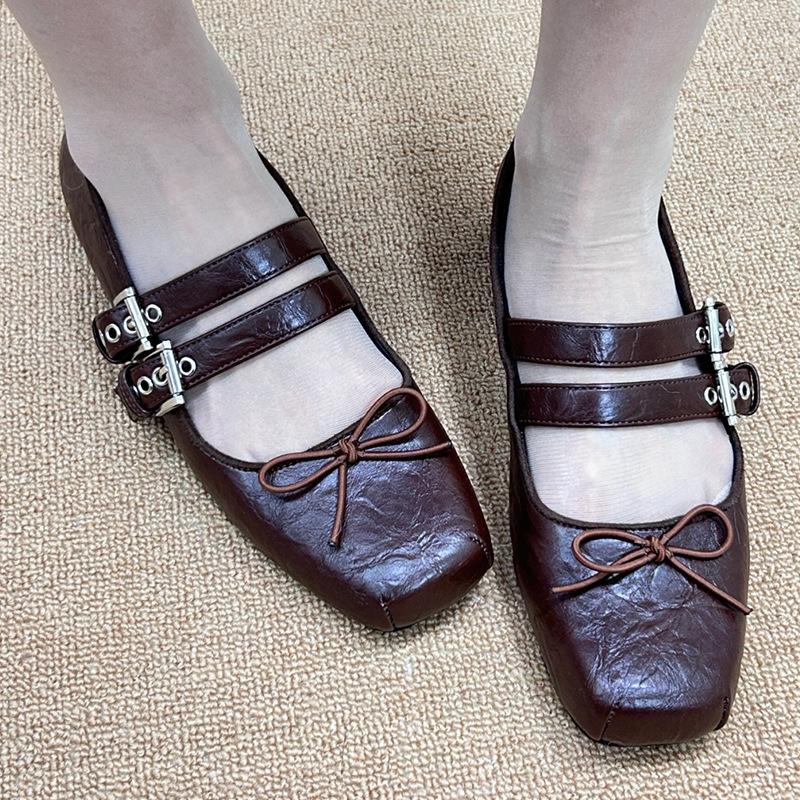 Cowhide version~ New retro ballet flat shoes bow thick heel college style Mary Jane small leather shoes women