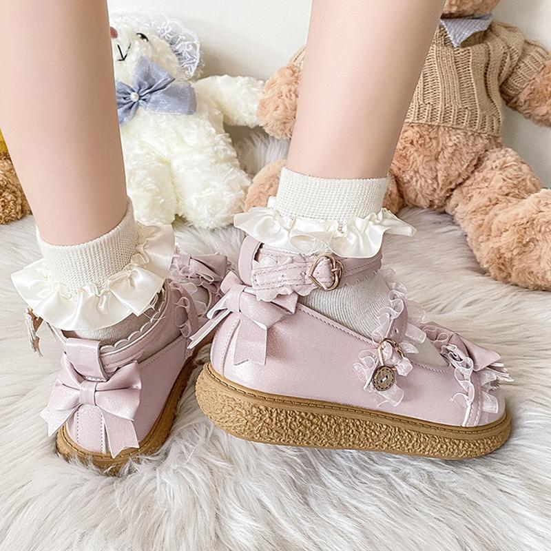 Rimocy Patchworkowe Koronkowe Buty Mary Jane Damskie Skóra PU Urocza Kokardka Płaskie Buty Damskie Platforma Niebieskie Różowe Pasek na Kostkę Buty Lolita