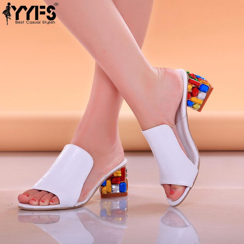 Women Block Heel Sandals Fashion Slip-On Low Heel Rhinestone Casual Sandals