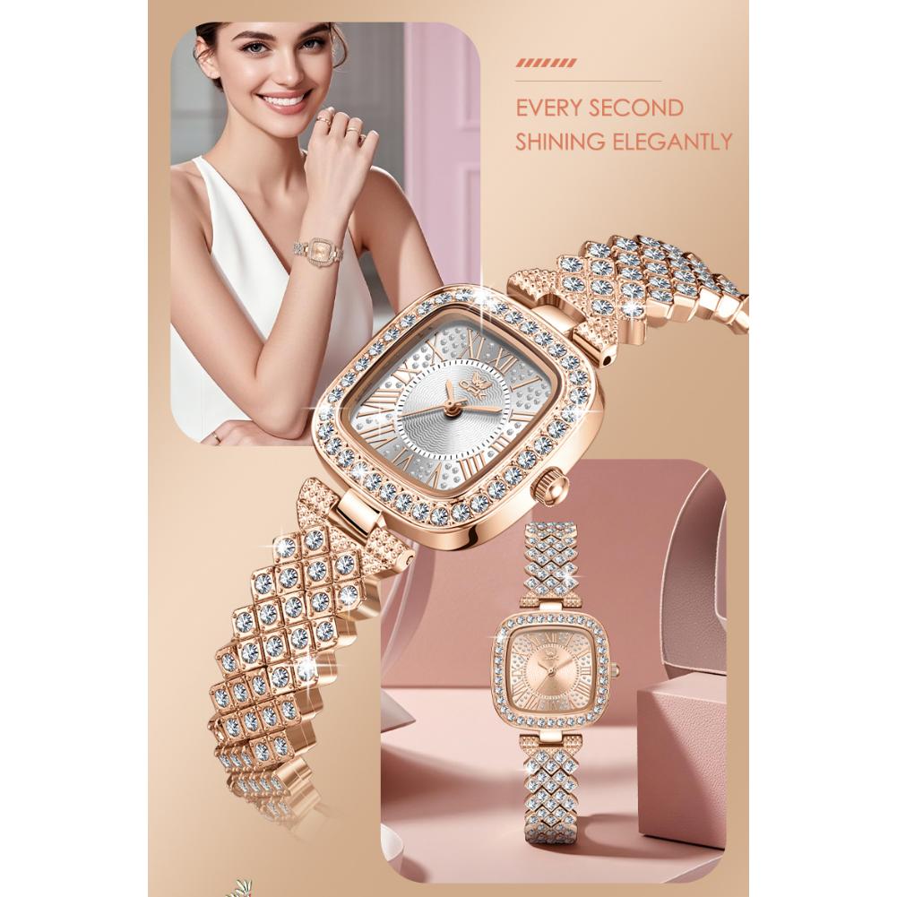 Voll Diamant Quarz Uhr für Damen Mode Quadratisches Zifferblatt mit römischen Ziffern Luxuriös Elegante Damen Kleider Armbanduhr