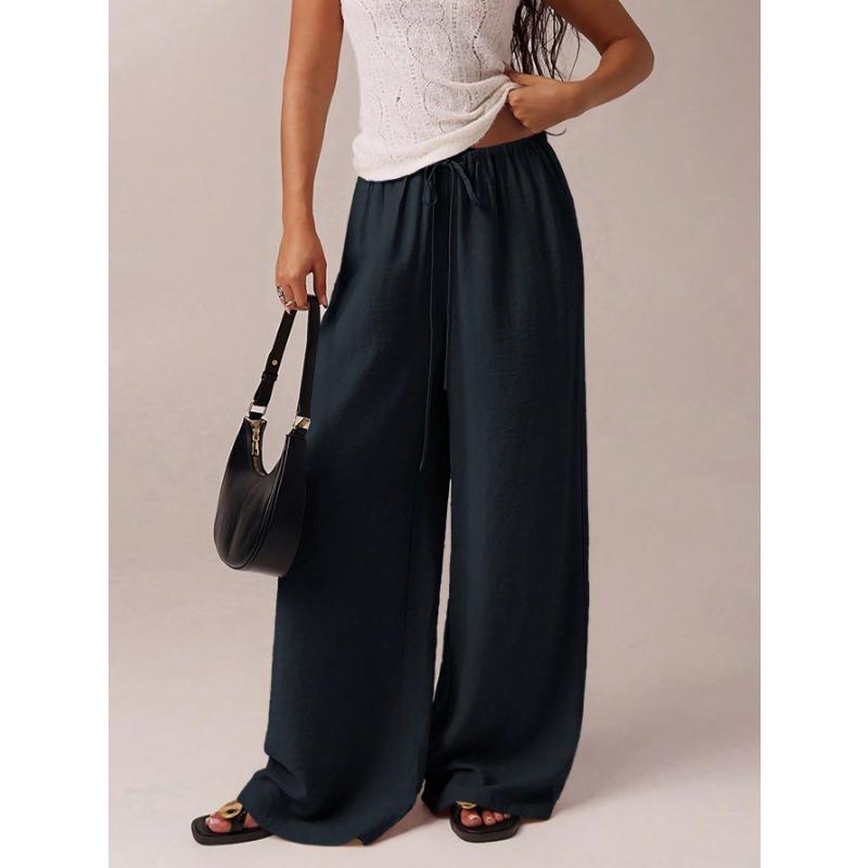 Women Casual Loose Solid Color Low Waist Wide Leg Straight Floor Length Long Pants