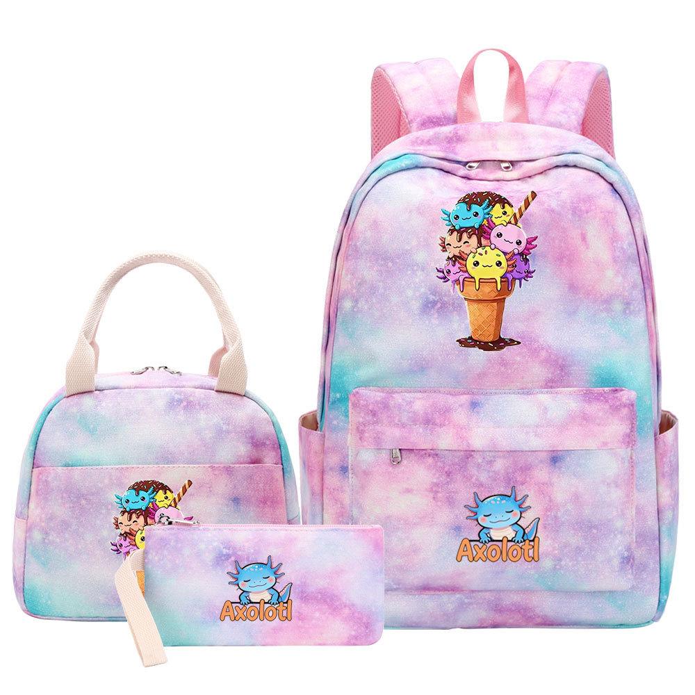 3Pcs Axolotl Backpack for Girls Teen, School Bag with Lunch Box & Pencil Case, Kids Student Daypack, Mochila Back To School Gift