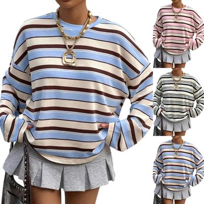 Women's Crew Neck Pullover Loose Fit Long Sleeve Top Striped Pattern Casual Lightweight Sweatshirt for Everyday Wear