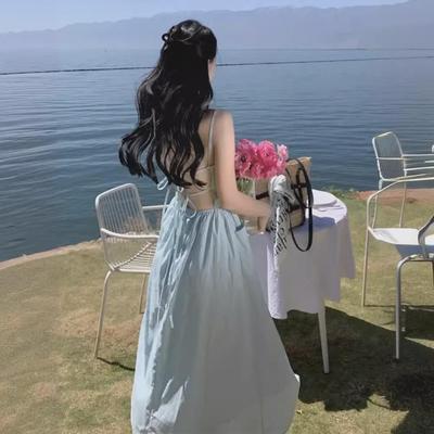 Blaues rückenfreies A-Linien-Kleid für Damen: Sommerlicher Strandstil
