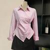 Designed Irregular Waist Striped Shirt for Women Spring New Temperament Lapel Long-sleeved Shirt