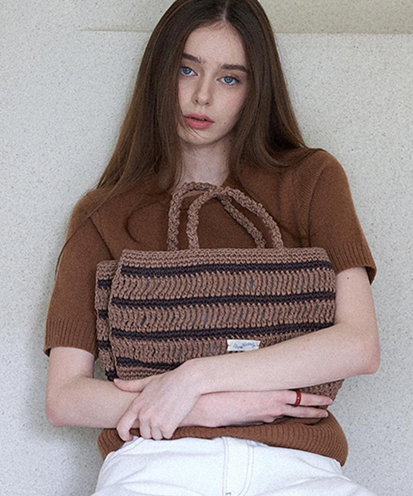 Slowslowly Moroccan Handmade Crochet Stripe Wide Tote Bag _ Brown