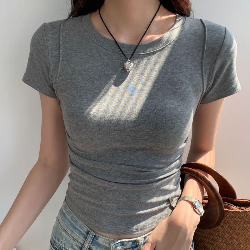 

2024 Summer Fishbone Niche Style Waist T-Shirt Ins Short Sleeve Gray L