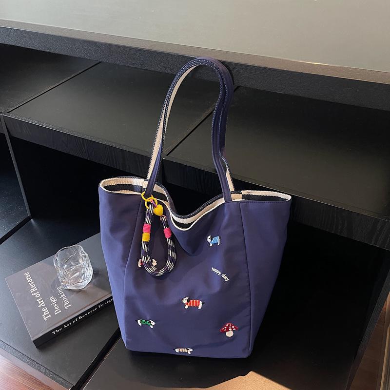 Women's Nylon Cartoon Puppy Embroidery Single Shoulder Tote Bag with Pendant, Striped Double-Sided Design