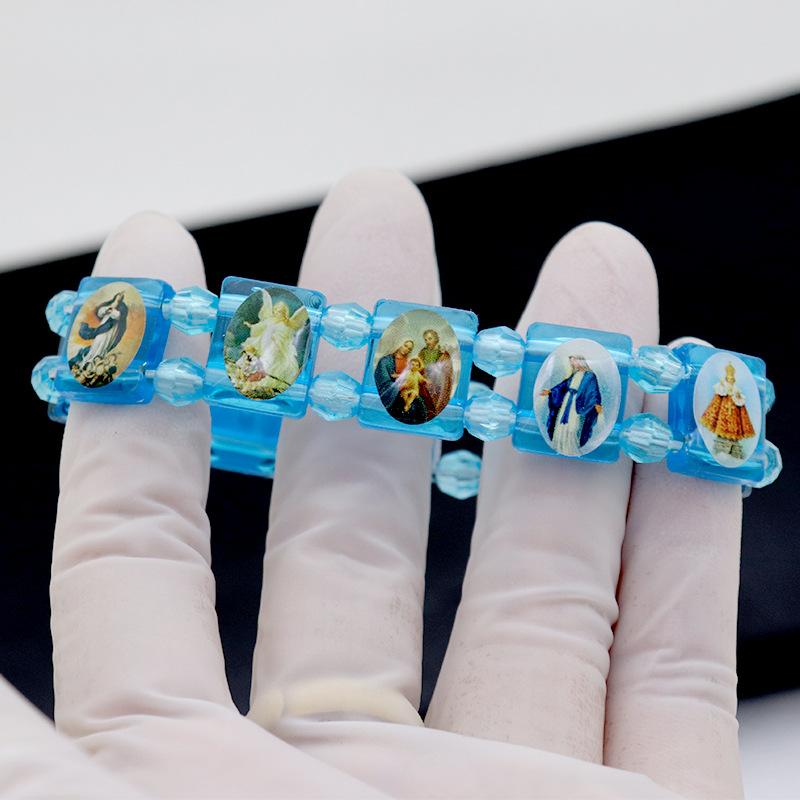 Vintage Jesus And Virgin Mary Pvc Rosary Bead Bracelet With Elastic Band Religious Image Stickers For Daily Wear Parties