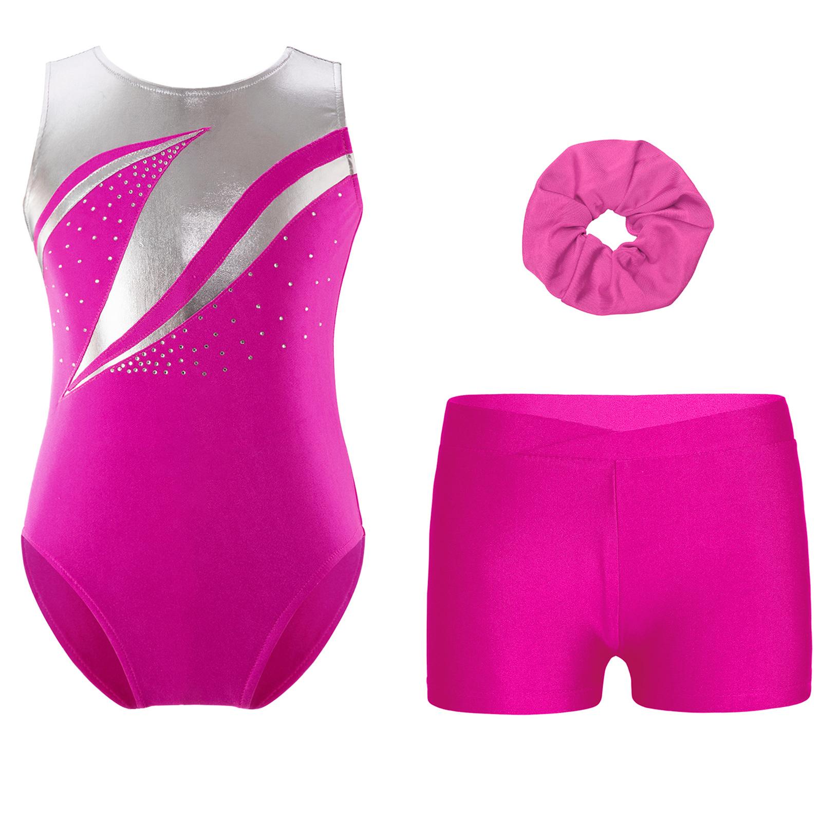 

Комплект для гимнастики и танцев для девочек, металлизированный купальник без рукавов, со стразами, V-образный вырез спереди, шорты с повязкой на голове 5-6 Years горячий розовый