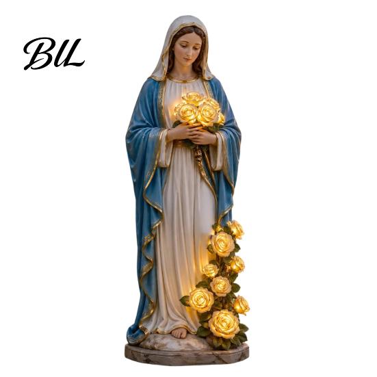 Garden Spiritual Statue Illumination Virgin Mary Light, Outdoor with LED Glowing Rose, Blessed Mother Weatherproof Christian Decor Figurine 1pc