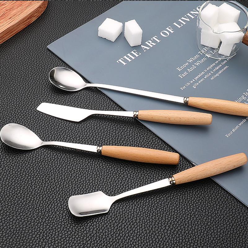 Japanese Stainless Steel Tableware Set, Wood Handle Set, Knife, Fork, Spoon, Fruit Fork, Chopsticks, Unibody Kitchen Set