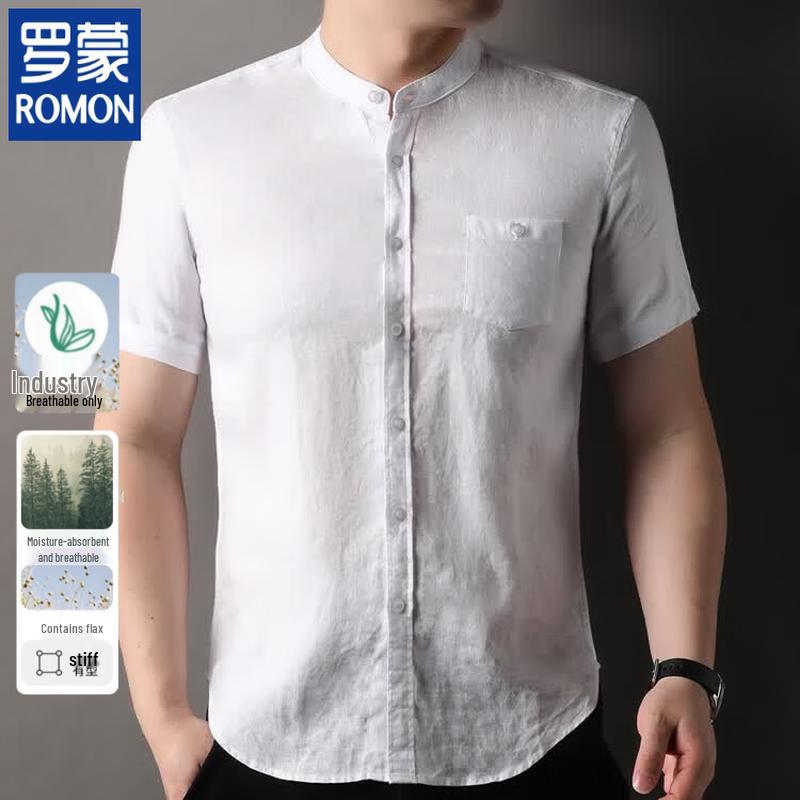 ROMON Men s Linen Chinese Style Short Sleeve Shirt 2XL