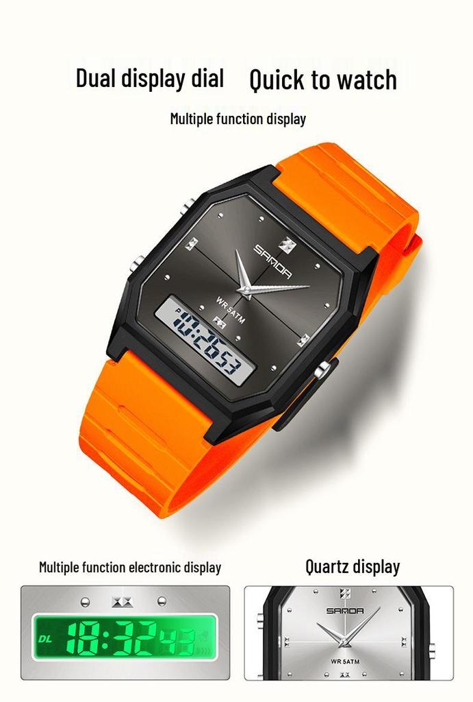Sanda TEMU Men's Sports Watch: Hot-Selling, Waterproof, Luminous, Thin Square Design, Dual Display, Three Time Zones.