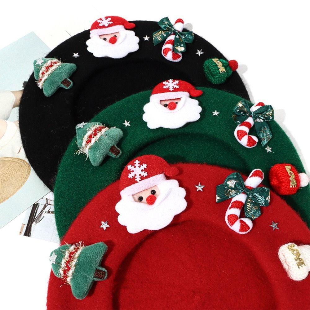 Red Green Color Christmas Beret Hat Wool Felt Material Wool Beret Hat For Women Girls
