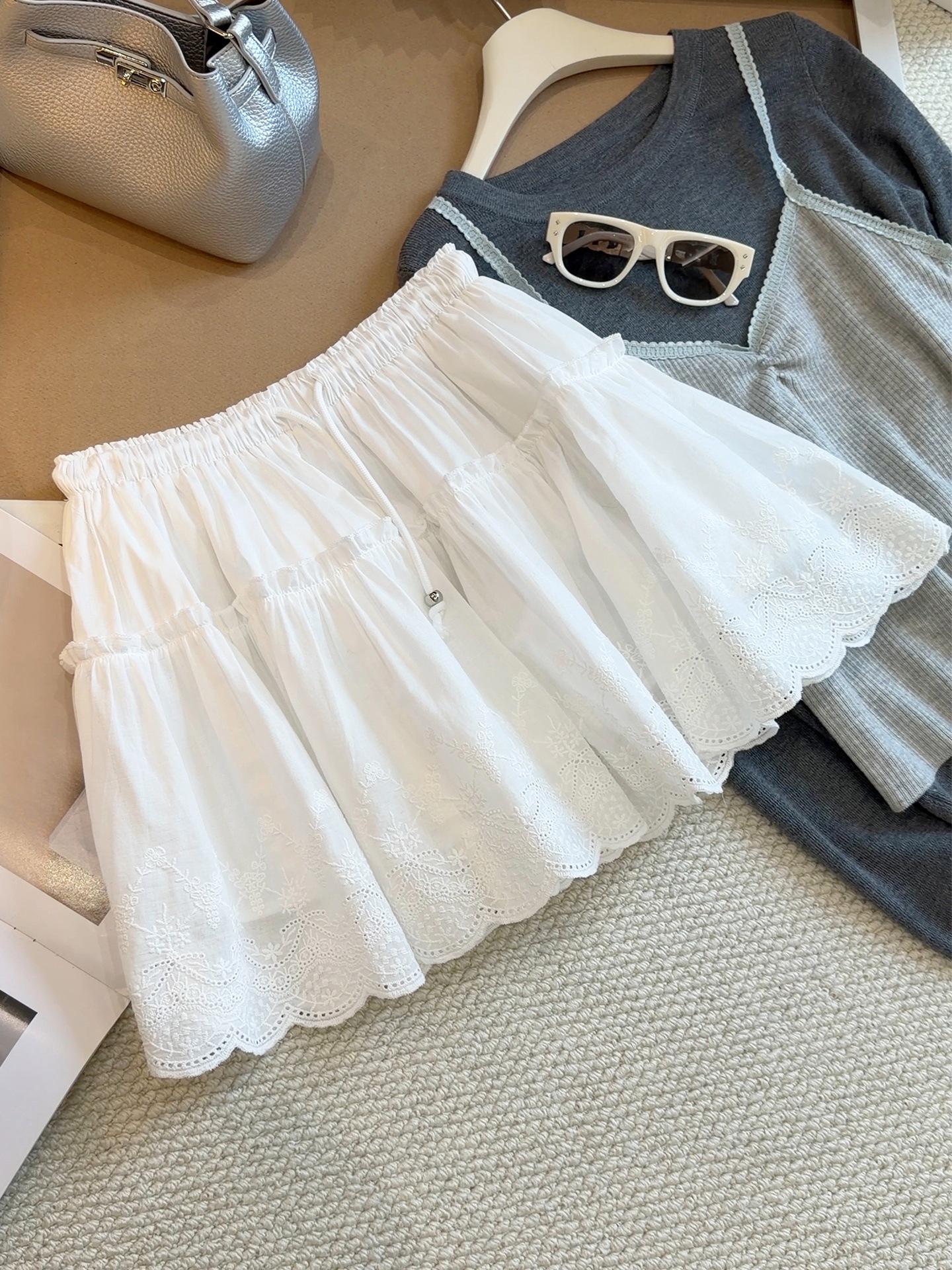 Crochet Lace Tie-Up A-Line Skirt - Elastic Waist, Slimming, Versatile One Size белый