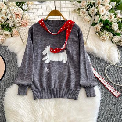 Autumn Winter Women Women O-neck Embroidery Cartoon Dog Knitted Sweater Christmas Pullover Tops
