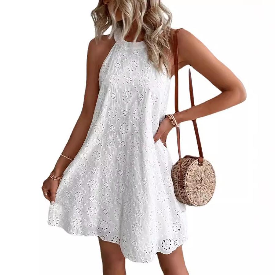 Women's Floral Lace Solid Sleeveless Buttoned V-Neck Dress - Summer New Arrivals