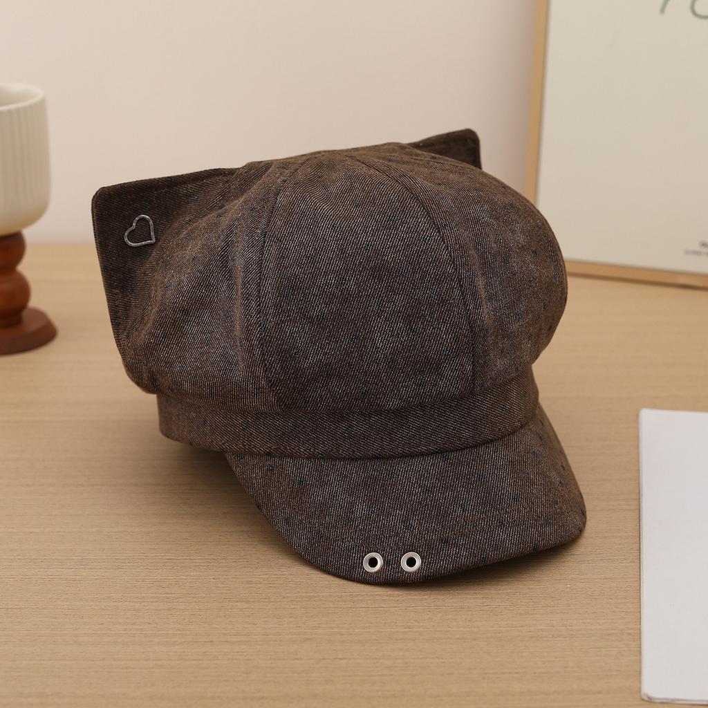 Polka dot cat ear octagonal hat women's fashion versatile square face show face small newsboy hat beret painter hat