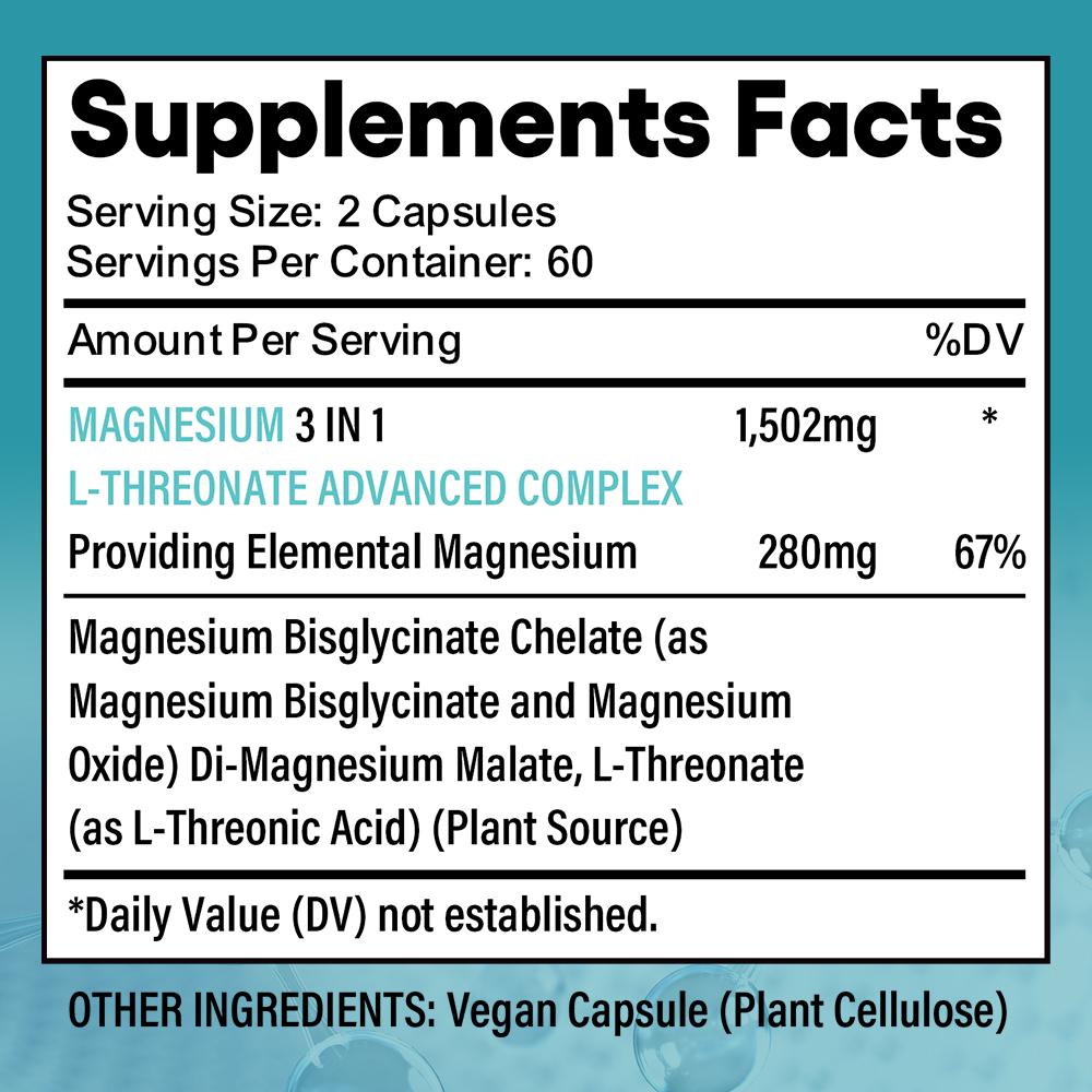 Magnesium 3-in-1, L-Threonat Komplex, Liefert elementares Magnesium, Nahrungsergänzungsmittel