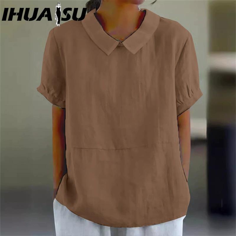 

IHUASU Женские модные повседневные однотонные блузки и рубашки с короткими рукавами и воротником-поло с принтом XXXL хаки
