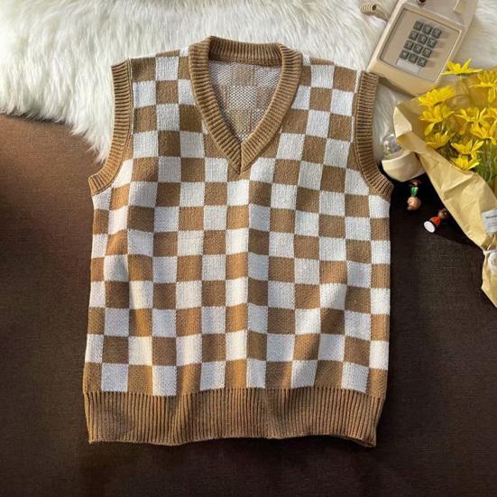 Decote em V Sem Mangas Acabamento Nervurado Estilo Universitário Colete Suéter Outono Inverno Xadrez Patchwork Cor Homens Colete de Malha