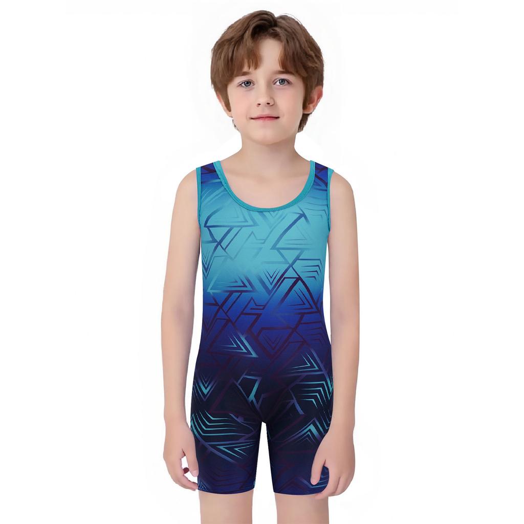 Boys Cycling Workout Bodysuit: U Neck Sleeveless Geometric Print Singlet for Wrestling Exercise Training
