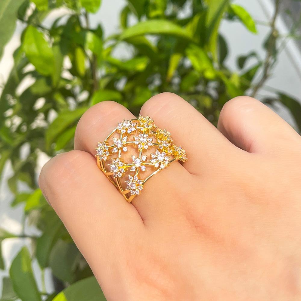 CMM Exclusive Design Hollow Star flower Gold Color Silver Color Fine Flashing Zircon Opening Adjustable Ring