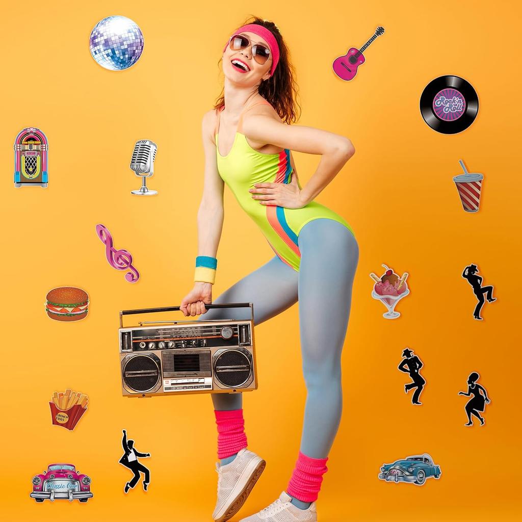 Eaasty 48 Pcs Rock and Roll Party Decorations 50's Retro Party Decoration 1950s Music Record Cutout Sock Hop Decorating Grease Theme Backdrop
