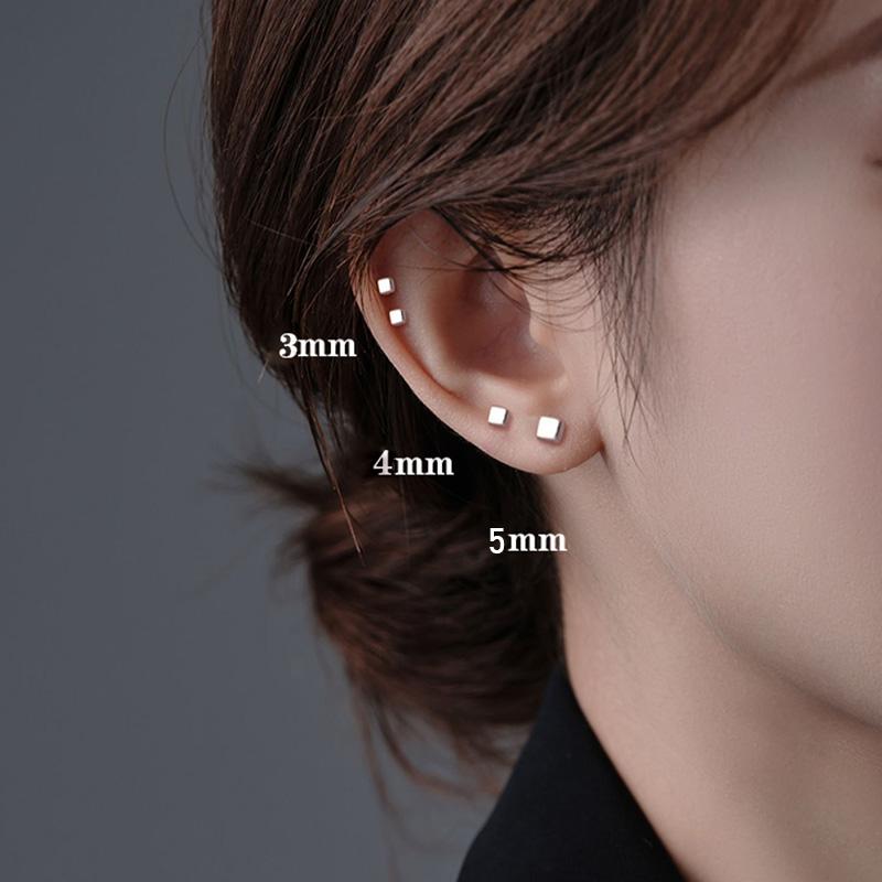 2Pcs Geometric Double-sided Square Stud Earrings For Women/Men Stainless Steel Screw Fine Ear Pin Small Ear Bone Stud Jewelry