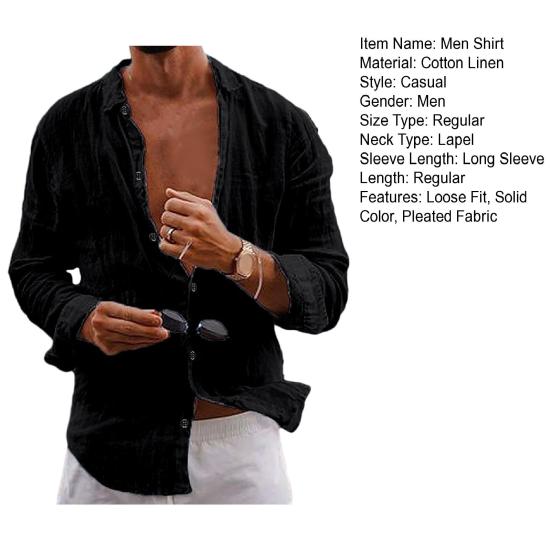 Men Lapel Long Sleeve Shirt Tops Pleated Thin Solid Color Single Breasted V-neck