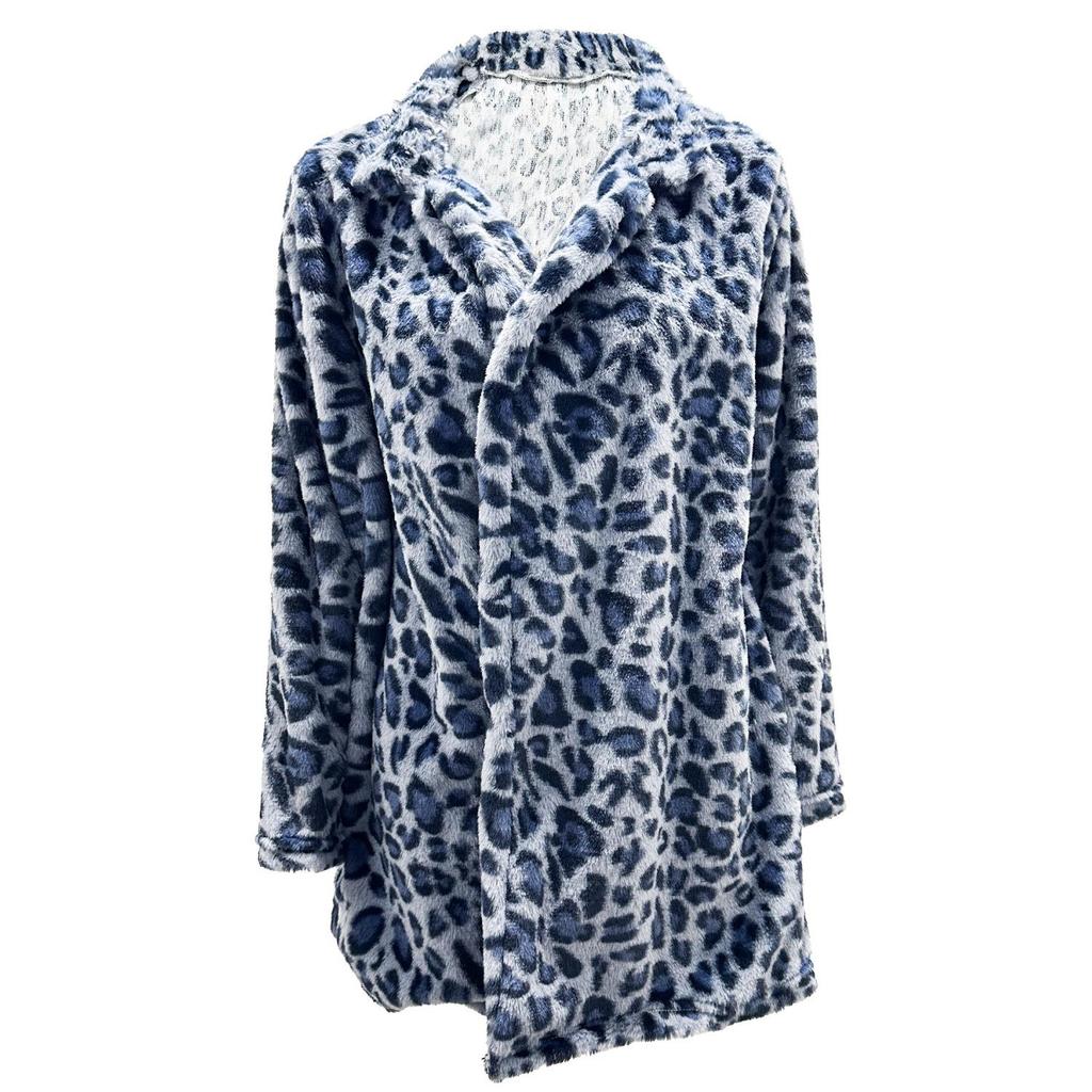 Damen Herbst- und Winter Langarm Revers Taschen Locker Leopard Plüschjacke