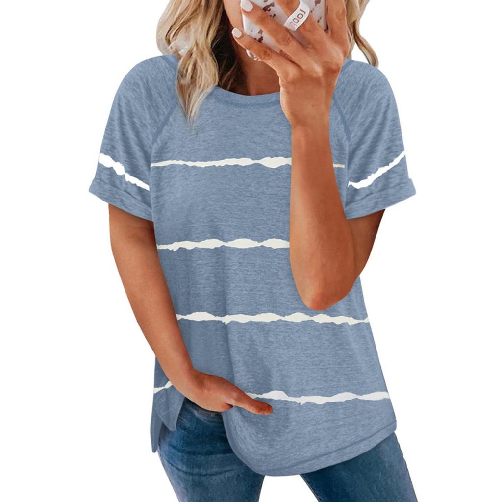 Sommer Neu Damen Gestreiftes Print Rundhals Kurzarm Lockeres T-Shirt, Lässige Oberteile für Damen Europäischer Amerikanischer Stil