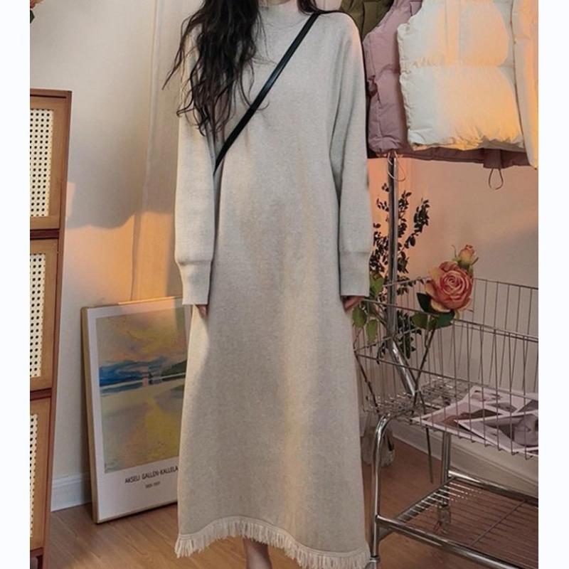 Knitted Sweater Skirt Women's New Autumn and Winter Loose Semi-turtleneck Dress Tassel Inner with Bottom Skirt