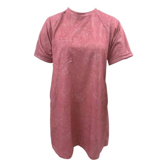 Damenkleid, Rundhalsausschnitt, kurze Ärmel, Brusttasche, Vintage-Stil, Übergröße, kurzes Kleid im Used-Look, einfarbig, Pullover, lässig, für den Alltag, Minikleid