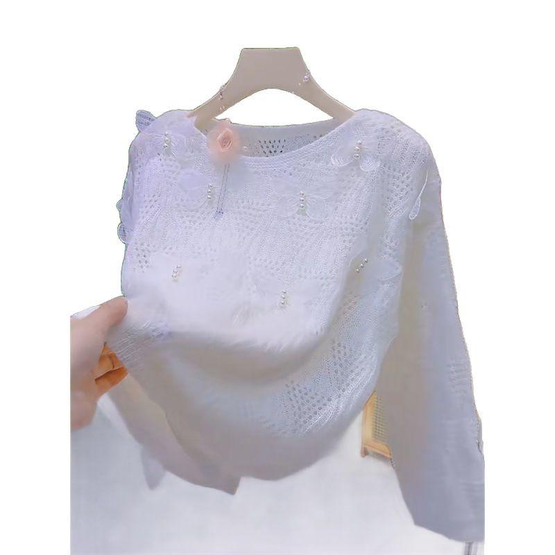 Spring/Summer Women's Hollow Knitted Sweater Thin Loose Design V-neck Knitted Top