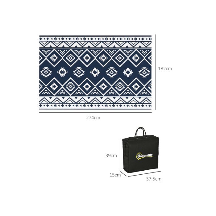 Tapis d'extérieur réversible Outsunny 182x274cm, imperméable, synthétique, bleu foncé et blanc