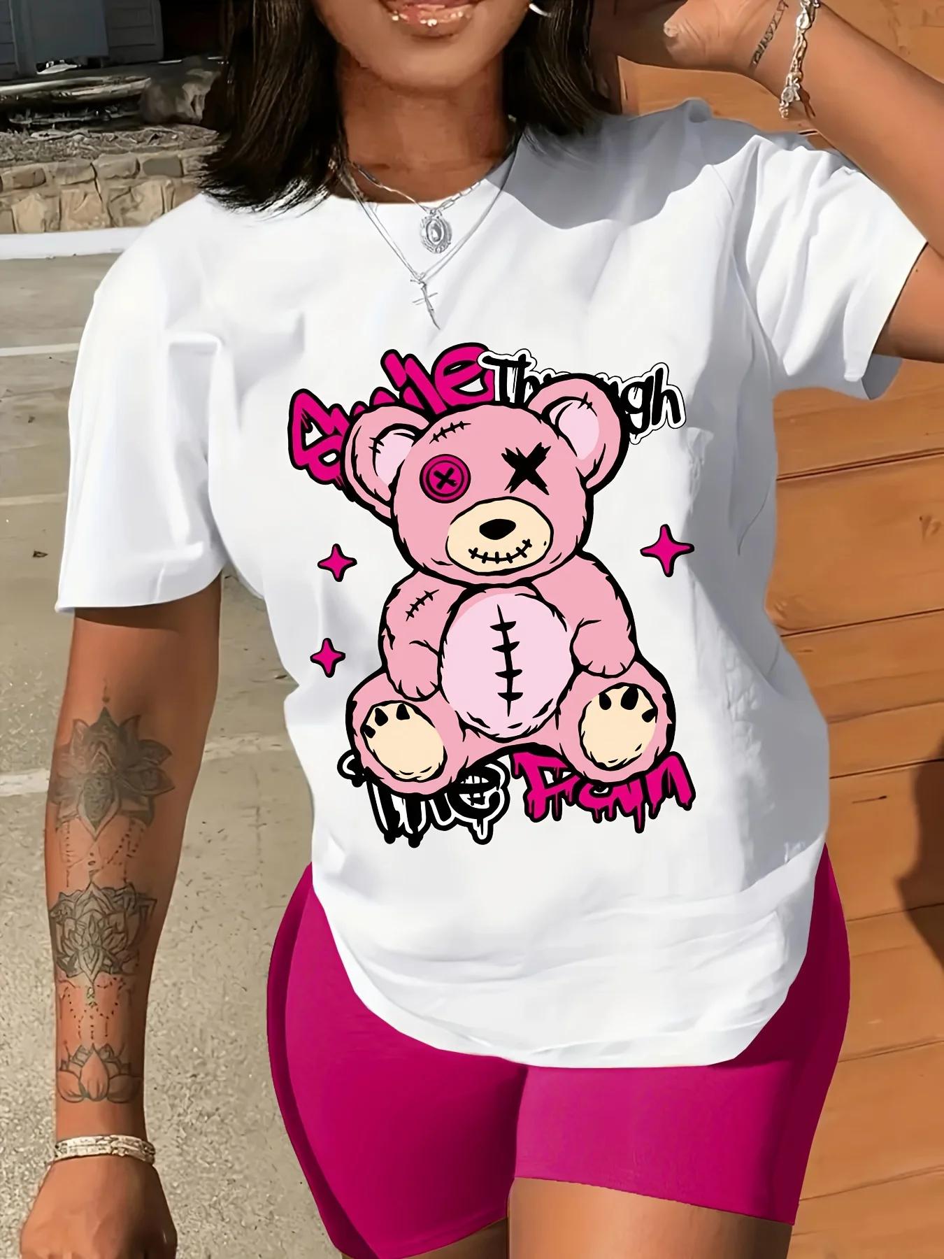 

Cute Bear Print Crew Neck T-Shirt Casual Short Sleeve T-Shirt for Spring & Summer Women s Clothing Aesthetic Clothes y2k top L