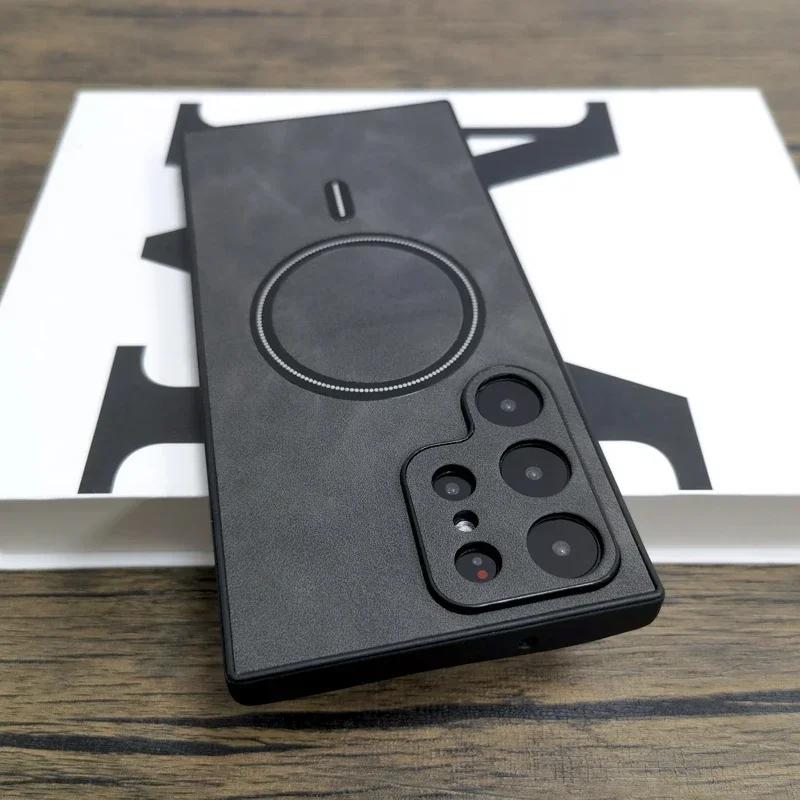 

Роскошный матовый кожаный чехол для Samsung Galaxy S25 S24 S23 S22 S21 Ultra Plus FE Note 20 S 23 22 для беспроводной полной защиты Magsafe For Samsung S21 Plus чёрный