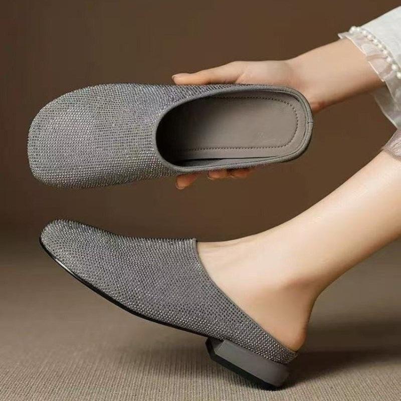 Autumn Baotou Slippers Women's Fashion Round Toe Deep Mouth Sequin Anti-slip Wear-resistant Block Heel Shoes